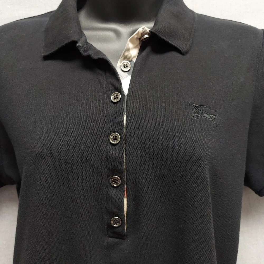 Burberry Brit Women L Black Pique Polo Shirt Nova Check Placket Equestrian Logo - Picture 3 of 14